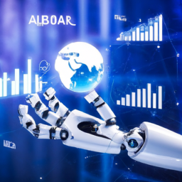 description: an abstract image of a robotic arm holding a globe with ai symbols and charts in the background.