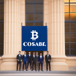 A group of people wearing suits stand in front of a large building with a sign that reads "Coinbase."
