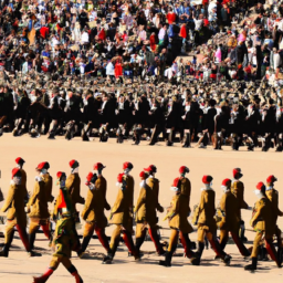 the image shows a group of soldiers from various commonwealth nations marching in formation during a military parade. the soldiers are wearing their respective military uniforms and carrying rifles. the parade is taking place in a large open space, with spectators watching from the sidelines. the image captures the strength and diversity of the commonwealth's military forces.
