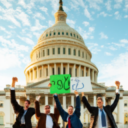 Photo of a group of investors with their hands raised in celebration in front of the US Capitol Building, with the US climate bill being signed in the background.