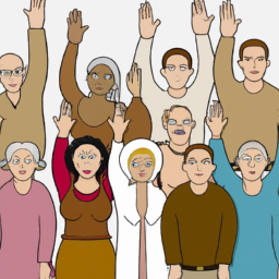 A group of people in different ages, gender, and ethnicity, with their hands up and looking up, as if they are making a decision.