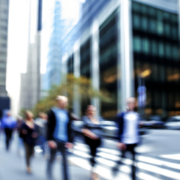 description: a photo of a bustling financial district with buildings and people in motion. the image has been blurred to protect the anonymity of the location.