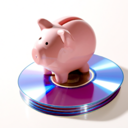 description: an image of a piggy bank with a cd sticking out of the top. the piggy bank is sitting on a stack of money, symbolizing the safety and security of investing in cds.