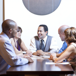 an image of a diverse group of people sitting around a conference table, discussing investment opportunities.