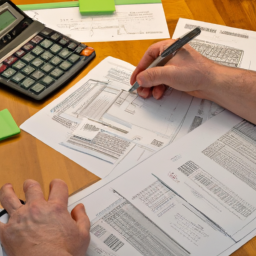 a person reviewing their investment portfolio and tax documents at a desk with a calculator and pen.