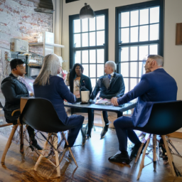 description: a group of professionals engaged in a discussion in a modern office setting, symbolizing altair investment management's collaborative and forward-thinking approach.