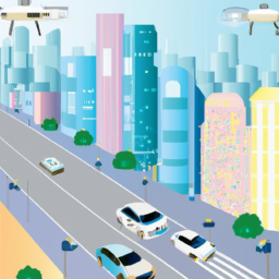 An image of a futuristic city with self-driving cars and drones flying overhead.