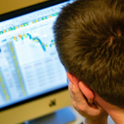 description: an anonymous image of a person looking at a computer screen with a chart showing market trends and data. the person appears to be studying the chart intently, suggesting a focus on data-driven decision-making.