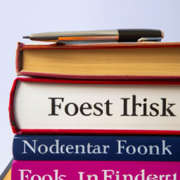 description: A stack of books with titles related to investing and finance, with a pen on the top book, ready for note-taking.