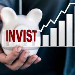 Description: A person holding a piggy bank with the word "invest" written on it and a graph showing upward growth in the background.