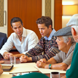 a group of diverse individuals, including retirees, young professionals, and families, sitting around a table discussing investment strategies.