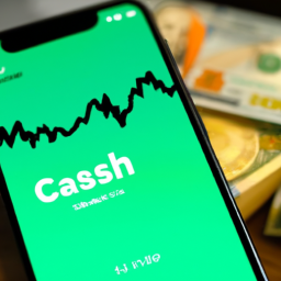 description: an anonymous image depicting a smartphone displaying the cash app logo, with stock market charts and investment-related icons in the background.