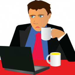 description: a person sitting at a desk with a laptop and a cup of coffee, looking thoughtful and focused.