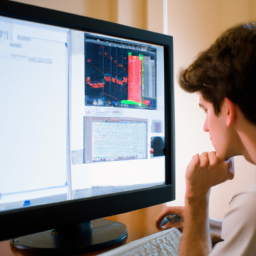 Description: A person looking at a computer screen with a chart of stock prices.