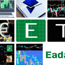 A collage representing the various features of E*TRADE, such as the platform's logo, trading platforms, research tools, and investment options.