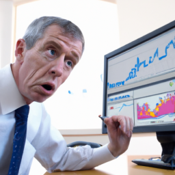 description: an image of a businessman looking at a chart on his computer screen, with a puzzled expression on his face.
