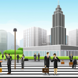 description: an image of a bustling city street with skyscrapers in the background and people walking in the foreground.