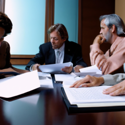a group of professionals in business attire, sitting at a conference table, reviewing financial documents.