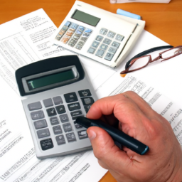 A person using a calculator and pen to calculate interest on a high yield savings account.