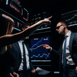 the image features a group of individuals engaged in a discussion about investments, analyzing charts and graphs on a large screen. their focused expressions and gestures convey their dedication to understanding the market.