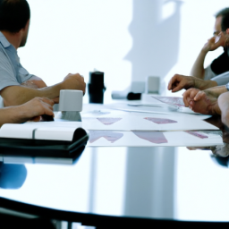 Description: A group of people sitting around a table discussing investment opportunities, with charts and graphs on the table in front of them. The image is anonymous and does not include any identifiable names or faces.