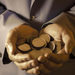 description: An anonymous image of a person holding a handful of coins, with a chart of investment returns in the background.