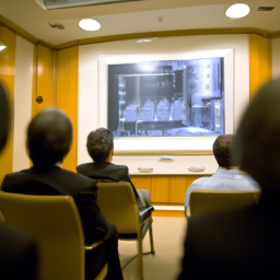 an image of a group of people sitting in a conference room, with a presentation on the screen in front of them. they appear to be discussing investment opportunities.