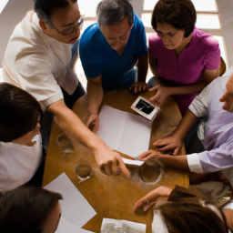 description: an image of a diverse group of people gathered around a table looking at a portfolio of investments.