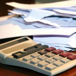 Description: An image of a calculator on a desk with a pile of papers.