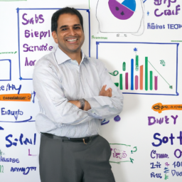 a smiling ramit sethi stands in front of a whiteboard covered in financial advice and graphs.