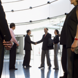 A large group of people shaking hands in a corporate setting.