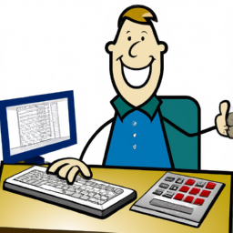 description: an image of a person sitting at a desk with a computer and calculator, looking satisfied and successful.