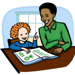 description: an image showing a parent and child sitting at a table, engaged in a conversation about investments. the parent is pointing at a chart while the child looks attentively, demonstrating their interest in learning about investing.