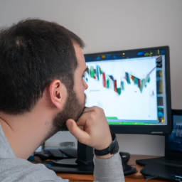 a person looking at a computer screen with charts and graphs related to cryptocurrency investment, with a thoughtful expression on their face.