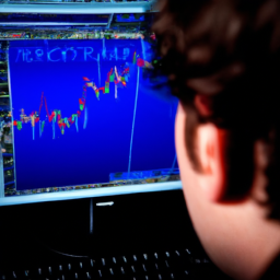 description: an anonymous image of a person looking at a computer screen with a stock market graph displayed on it.