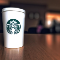 description: a photo of a starbucks coffee cup with the company logo visible. the cup is sitting on a wooden table with a blurred background.anonymous image description as above.
