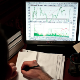 description: An anonymous image of a person looking at a computer screen, holding a pen and paper, and analyzing investment options.