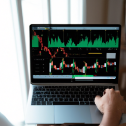 Description: A person looking at a laptop with a graph of the stock market on the screen.