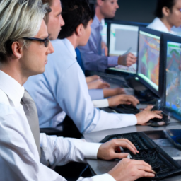 description: a group of diverse traders analyzing stock charts and market data on their computer screens.