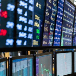 a bustling trading floor with multiple screens displaying stock market data.