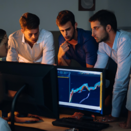 a group of people gathered around a computer, looking at investment charts and graphs. they are discussing investment strategies and analyzing market trends.