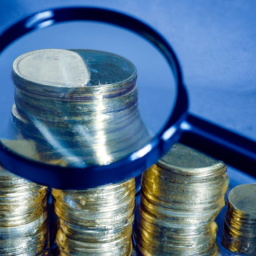 Description: A stack of gold coins and silver coins with a magnifying glass over them, suggesting that investors should do their research before investing in gold and silver.