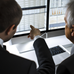 description: an image of a person sitting with a financial advisor, both looking at a computer screen and discussing investment options.