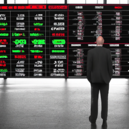 A man in a suit, standing in front of a large stock market board with various numbers, percentages and stock symbols.