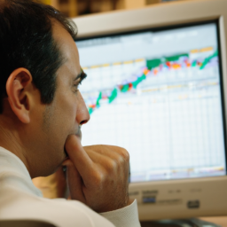 description: a person looking at a stock chart on their computer screen with a thoughtful expression.