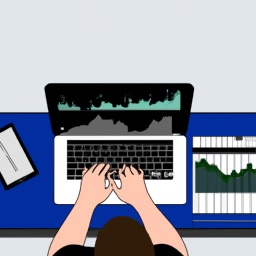 a person sitting at a desk with a laptop, looking at financial charts and graphs.