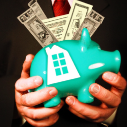 description: an anonymous image of a person holding a piggy bank with a dollar sign on it, surrounded by various investment options like stocks, bonds, and real estate.