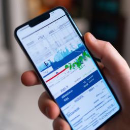 description: a person holding a phone with a stock market app open, looking at various stock charts and information.