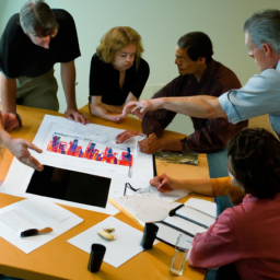 description: an image of a diverse group of people standing around a table, looking at charts and graphs, with one person pointing to a chart.