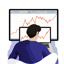 An illustration of a person researching stocks on a laptop in order to make the best investments.